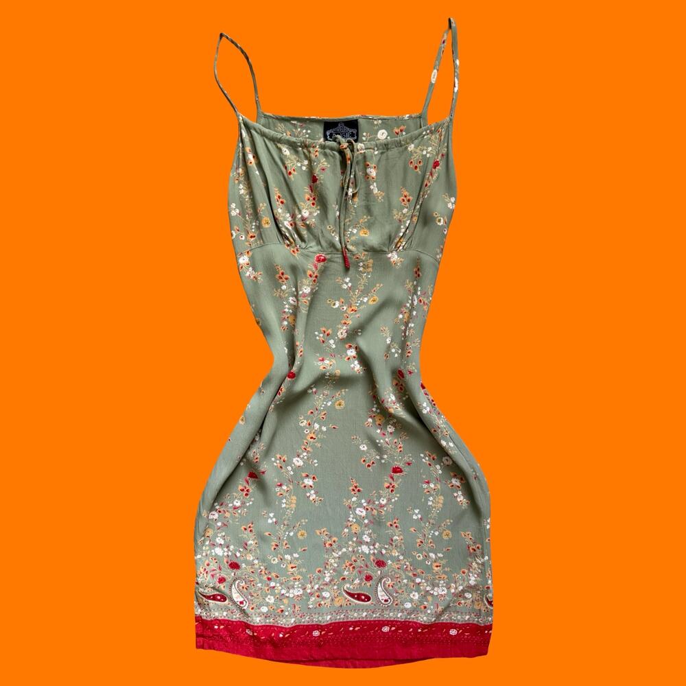 90's 00's vintage sage green floral paisley milkmaid boho y2k dress M angie